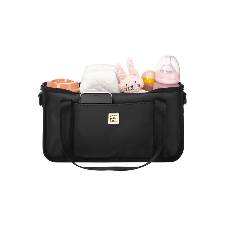 Petunia Pickle Bottom - Wander Stroller Caddy en similicuir noir mat - Organisateur universel de poussette - Bouteille isolée, porte-gobelets, résistant à l'eau