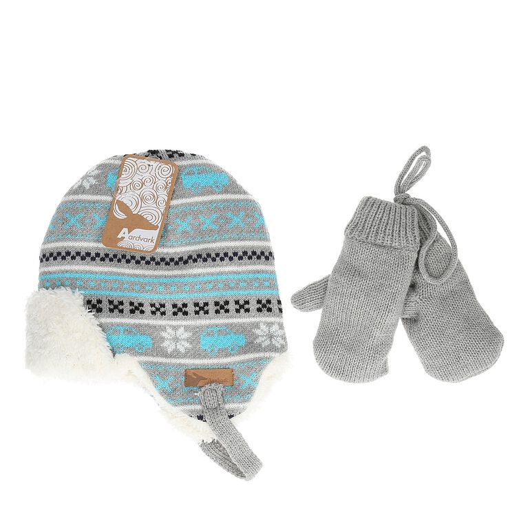 Infant knit helmet/chenille lining & matching mitt set - Grey