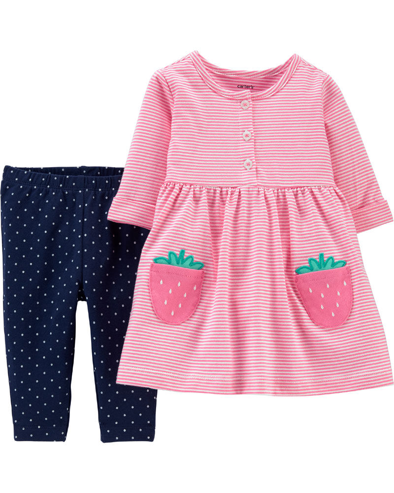 Carter s 2 Piece Strawberry Jersey Dress Polka Dot Legging Set Pink Navy 3 Months Toys R Us Canada