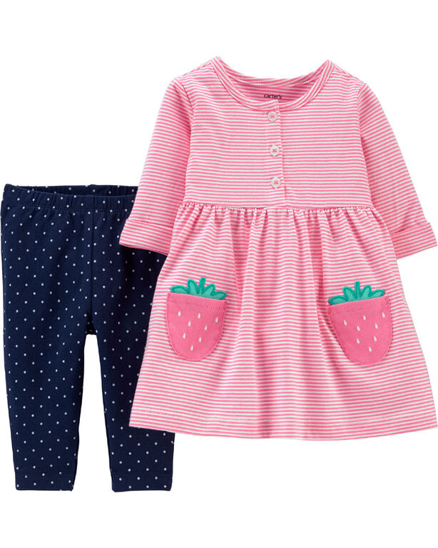 Carter’s 2-Piece Strawberry Jersey Dress & Polka Dot Legging Set - Pink/Navy, 3 Months