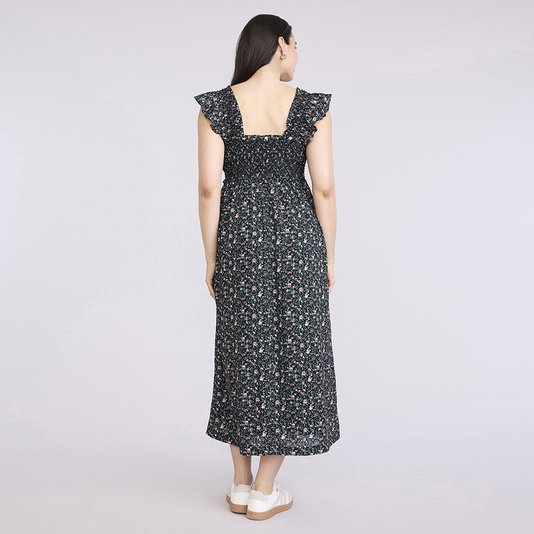 Motherhood-Robe Midi Smock&eacute;e Sans Manches-Imprim&eacute; Noir-P