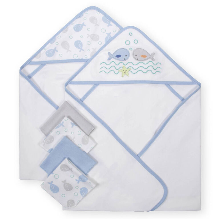 Koala Baby 2-Pack Hooded Towel & 4-Pack Washcoth Set, Blue Whales