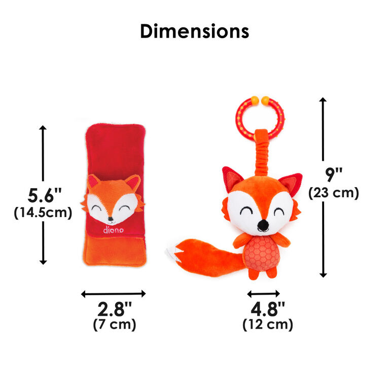 Diono Fox Character Car Seat Straps & Linkee Toy, Shoulder Pads for Baby, Infant, Toddler, 2 Pack Reversible Soft Seat Belt Cushion and Stroller Harness Covers Helps Prevent Strap irritation