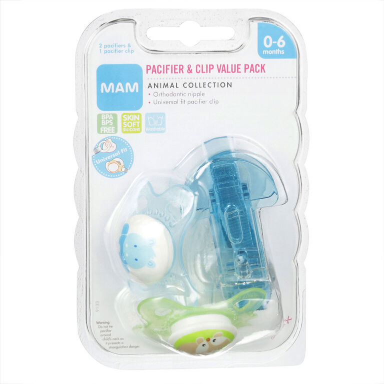 MAM Animal Orthodontic Pacifier and Pacifier Clip, 0-6 Months