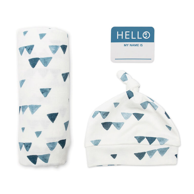 Lulujo Baby Hello World Newborn Bamboo Hat and Swaddle Blanket Set Navy Triangle