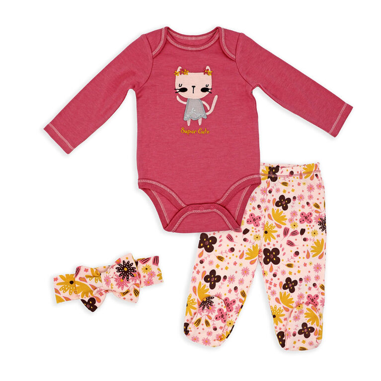 Sterling Baby  3 Piece Footed Set: Pink Kitty Newborn