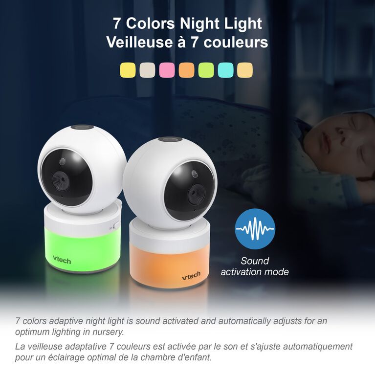 VTech VM5463 Moniteur vidéo numérique pour bébé de 5 po avec caméra panoramique et inclinable, lumière incandescente au plafond et veilleuse, (blanc)