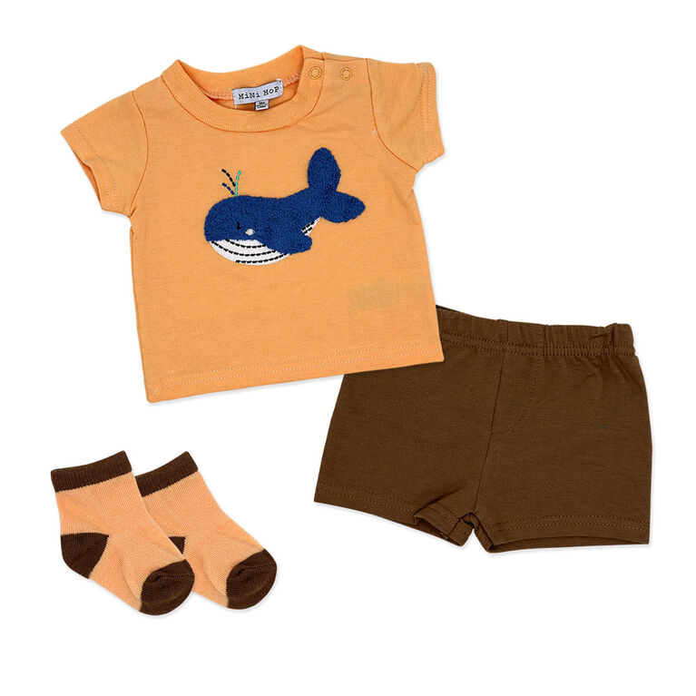 Mini Hop 3 Piece Orange Short Set: Whale  24M