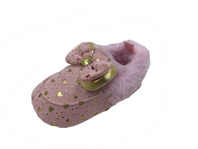 First Steps Pink Faux Suede Girls Slippers with Gold Hearts Size 3, 6-9 months