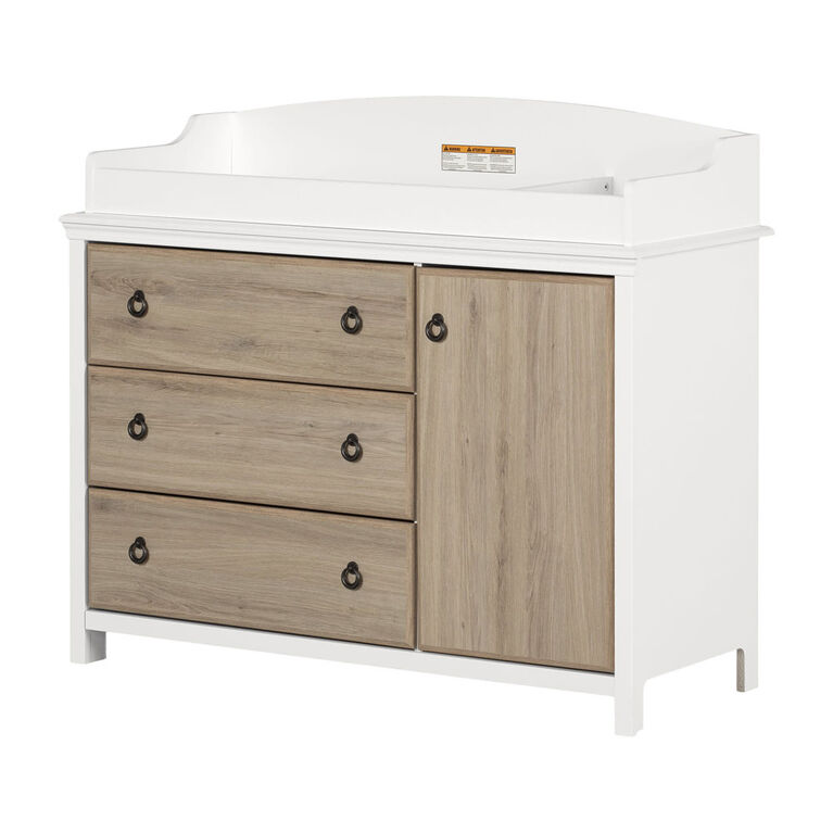 South Shore, Changing table with removable rim, drawers, and open storage - Pure White and Rustic Oak
