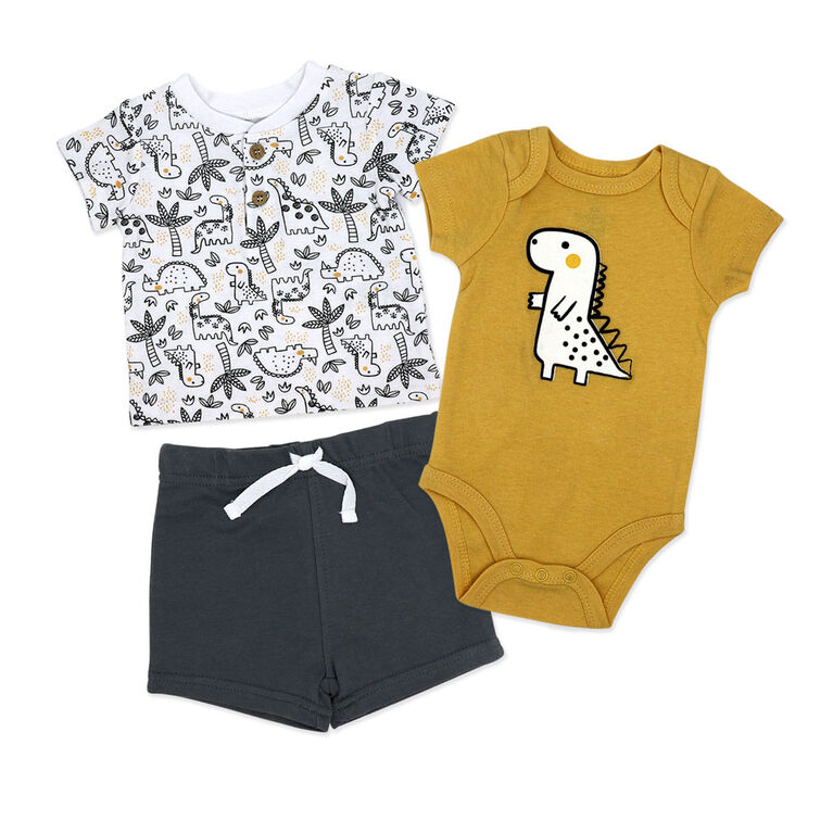 Baby Mode 3 Piece Short Set:Orange Dinosaur 9M