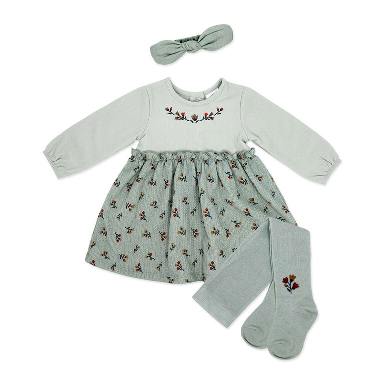 Baby Mode Ensemble 3 pièces en tricot froissé : motif floral vert, 6-9M
