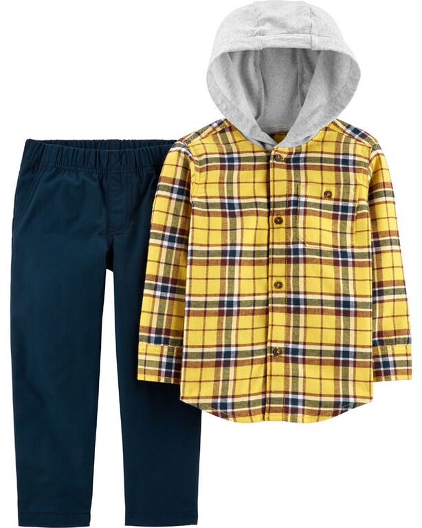 Carter's 2-Piece Button-Front Flannel Hooded Top & Canvas Pant Set - Yellow/Black, 12 Months