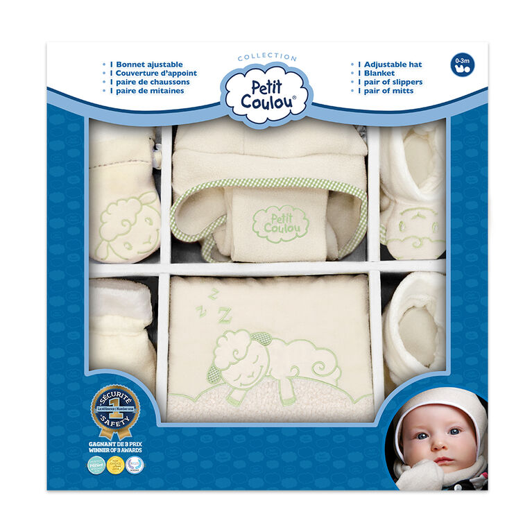 Petit Coulou ensemble cadeaux 4 pcs: chaussons, mitaines, bonnet, couverture avec broderie de mouton.