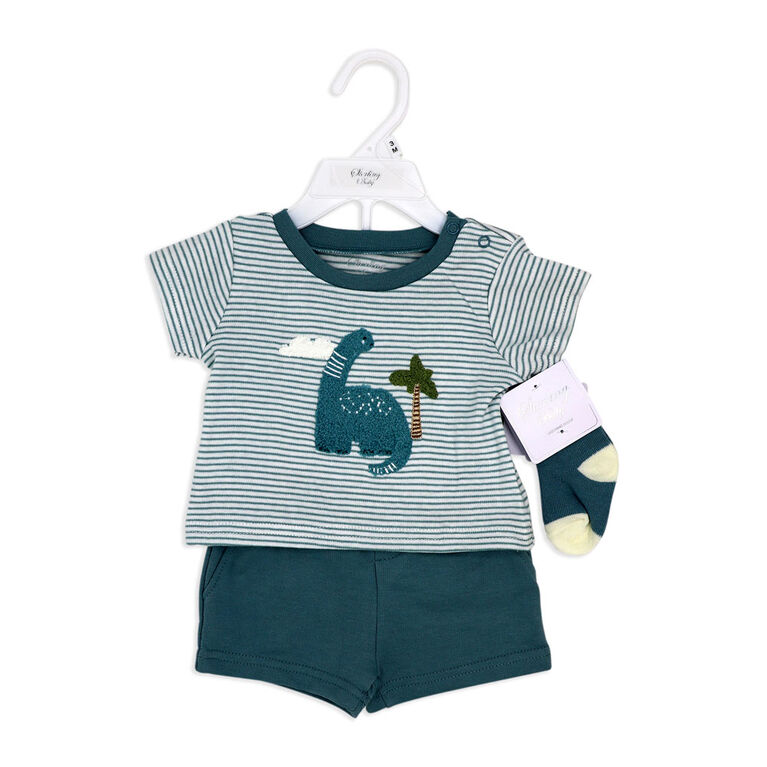 Sterling Baby 3 Piece Short Set: Blue Dinosaur