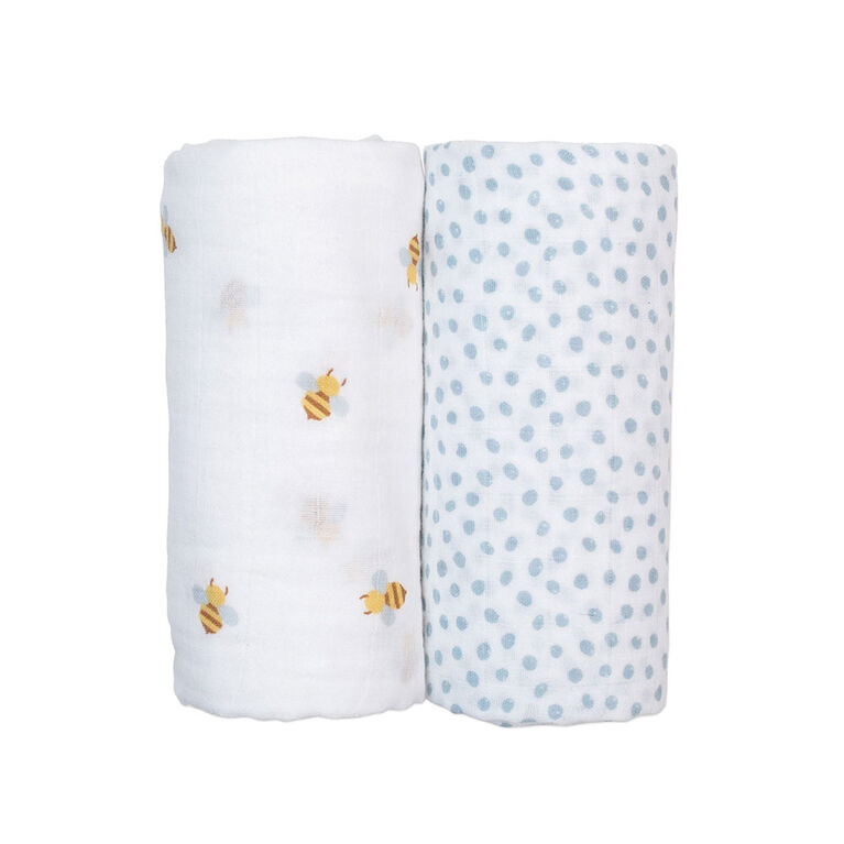 Lulujo - Cotton Muslin Swaddles 2 Pack - Bees + Blue Dots