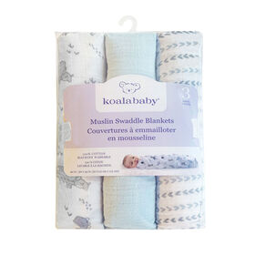 Koala Baby - 3 Pk Muslin Swaddle - Blue Dinos