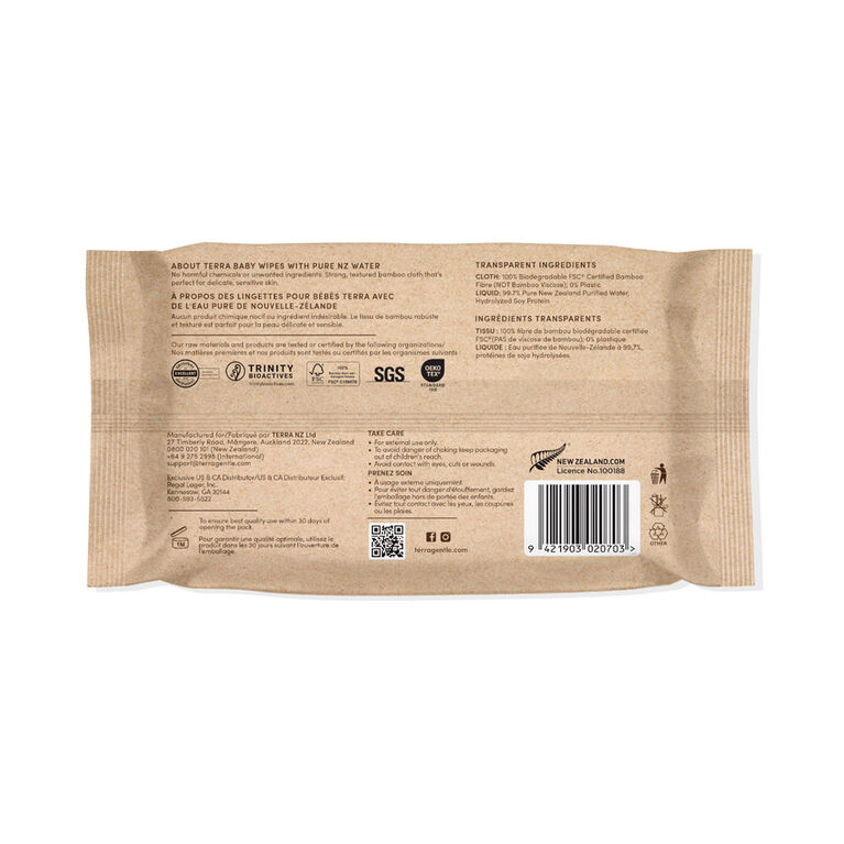 Terra Baby Wipes NZ Water - 70 Pack