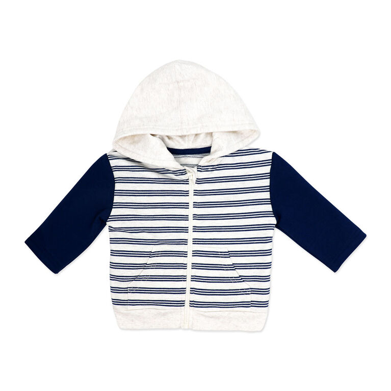 Baby Mode 3 Piece French Terry Jogger Set: Navy Stripe 6-9M