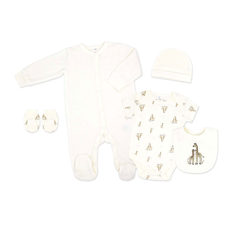 Rock a Bye Baby 5 Piece Ribbed Velour Set: White Giraffe