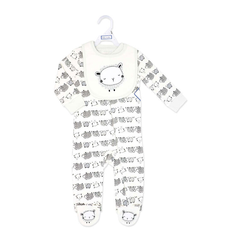Baby Mode Ensemble pyjama 2 pièces avec bavoir : Mouton gris 0-3 M