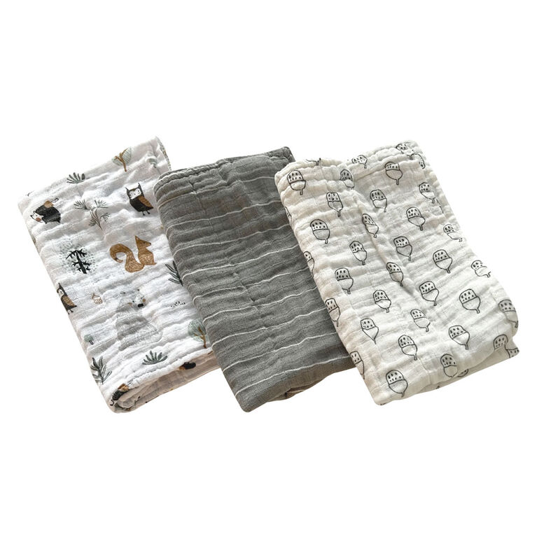 Koala Baby - 3 Pk Grey Woodland Muslin Burpcloth