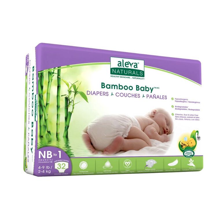 Aleva Naturals Bamboo Baby Diapers, 32 Count Newborn to Size 1
