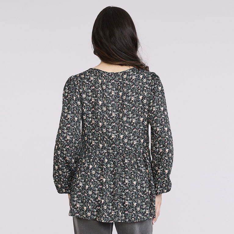 Motherhood - Long Sleeve Keyhole Blouse - Black print - S