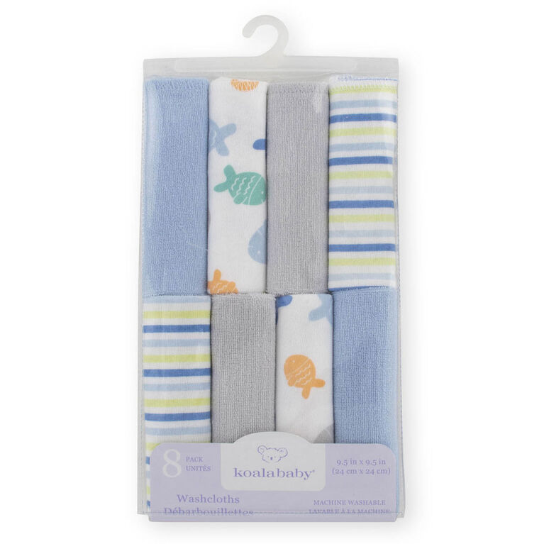 Débarbouillettes de Koala Baby paquet de 8 poisson bleu.