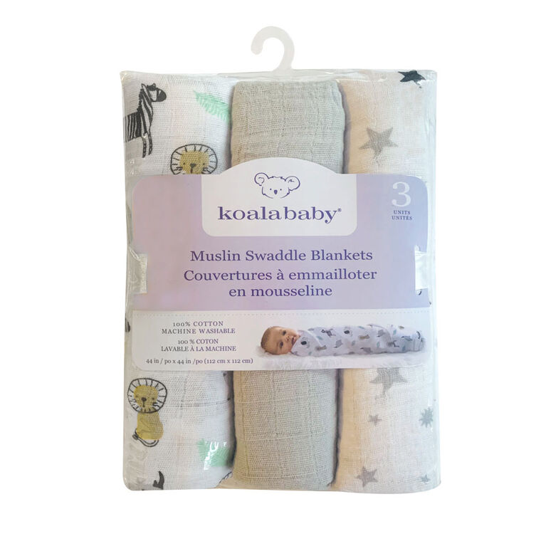 Koala Baby - 3 Pk Muslin Swaddle - Grey Safari