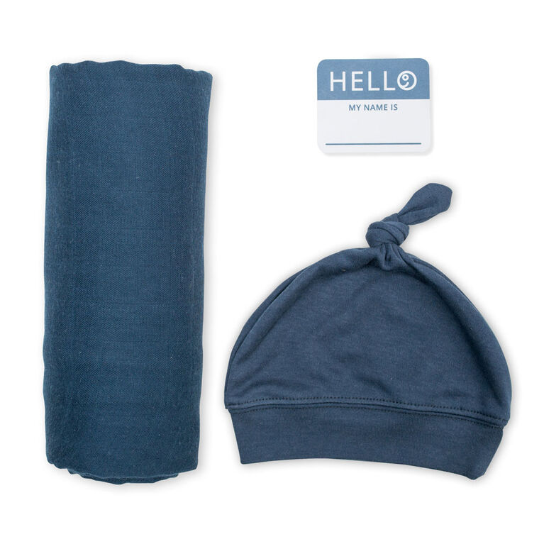 Lulujo Baby Hello World Newborn Bamboo Hat and Swaddle Blanket Set Navy