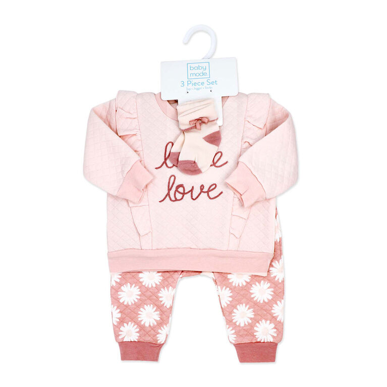 Baby Mode Ensemble de jogging matelassé 3 pièces :Petit Amour Rose 6-9M