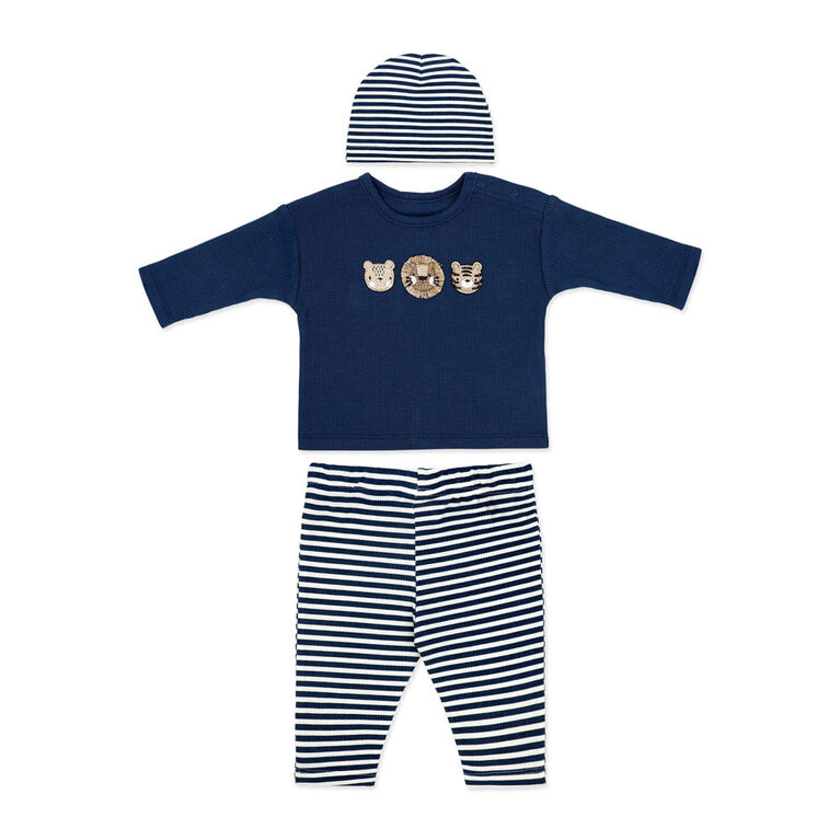 Baby Mode Ensemble 3 pièces pantalon et chapeau gaufré : Animal safari bleu 6 mois