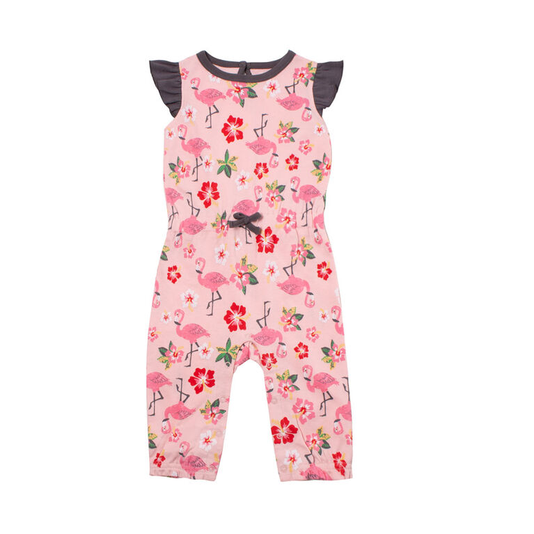 Snugabye Girls-Ruffle Sleeve Long Romper-Floral Pink 18 Months