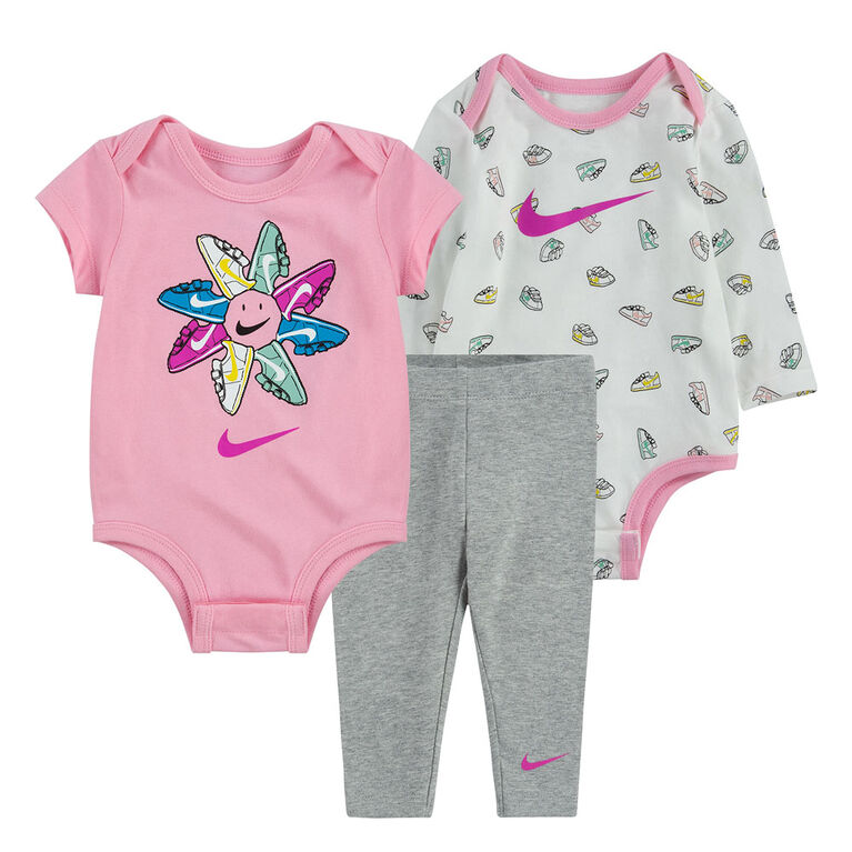 Nike 3pc Bodysuits and Legging Set - Pink, 0-3 newborn