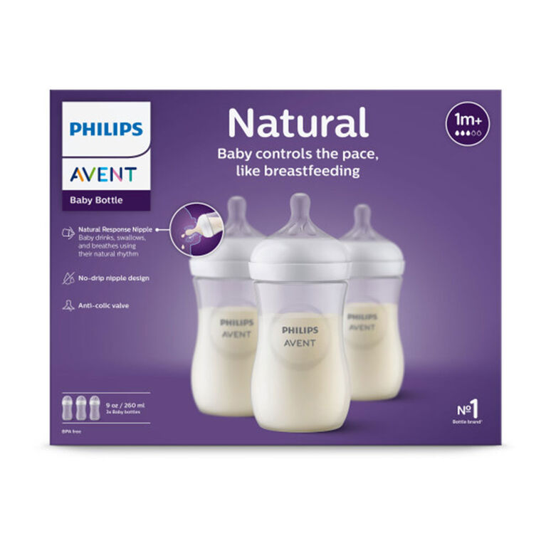 Biberon naturel Philips Avent avec tétine à réponse naturelle, transparent,  9 oz, paquet de 3, SCY903 / 03