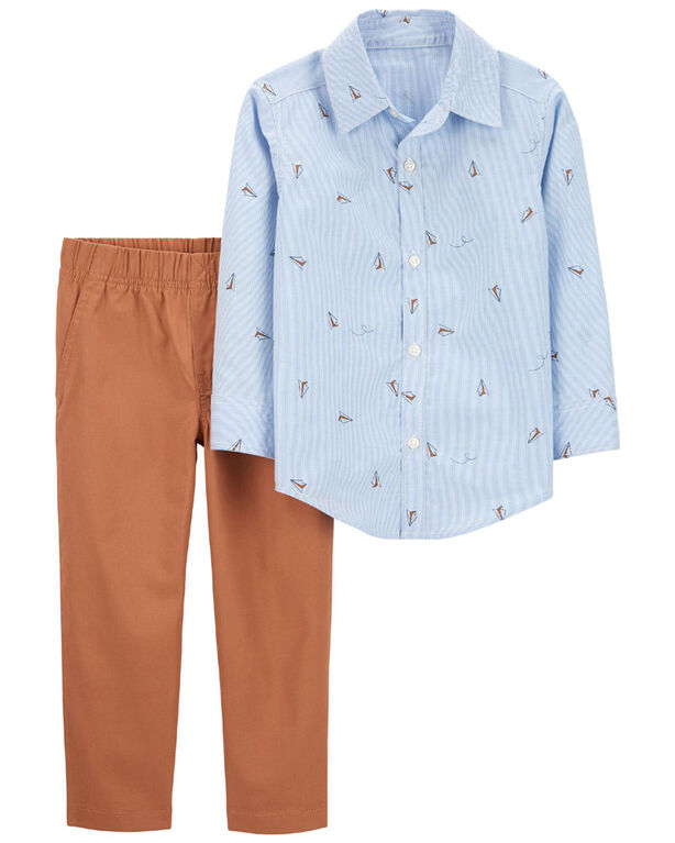 Carter's Two Piece Button Front Shirt And Pant Set Blue  4T