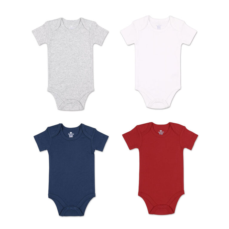 Koala Baby 4Pk Short Sleeved Solid Bodysuits, Red/Navy/Heather Grey/White, 6 Month