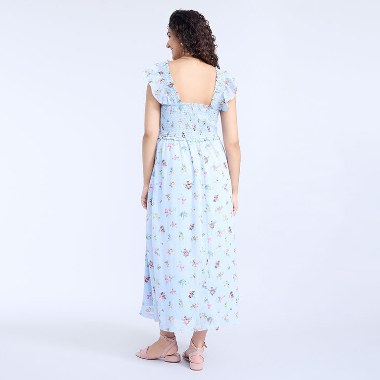 Motherhood Ruffle Sleeve Smocked Bodice Midi Dress