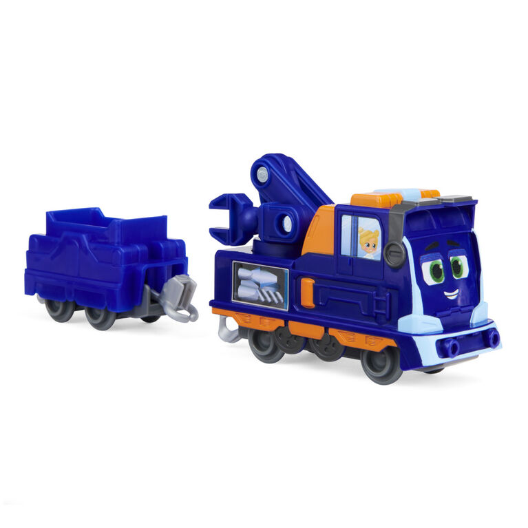Mighty Express, Petit train Push and Go Milo le mécano avec wagon de cargaison, jouets pour enfants à partir de 3 ans