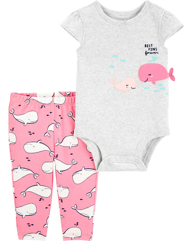 Ensemble 2 pièces cache-couche à baleine et pantalon Carter's - rose/gris, 24 mois