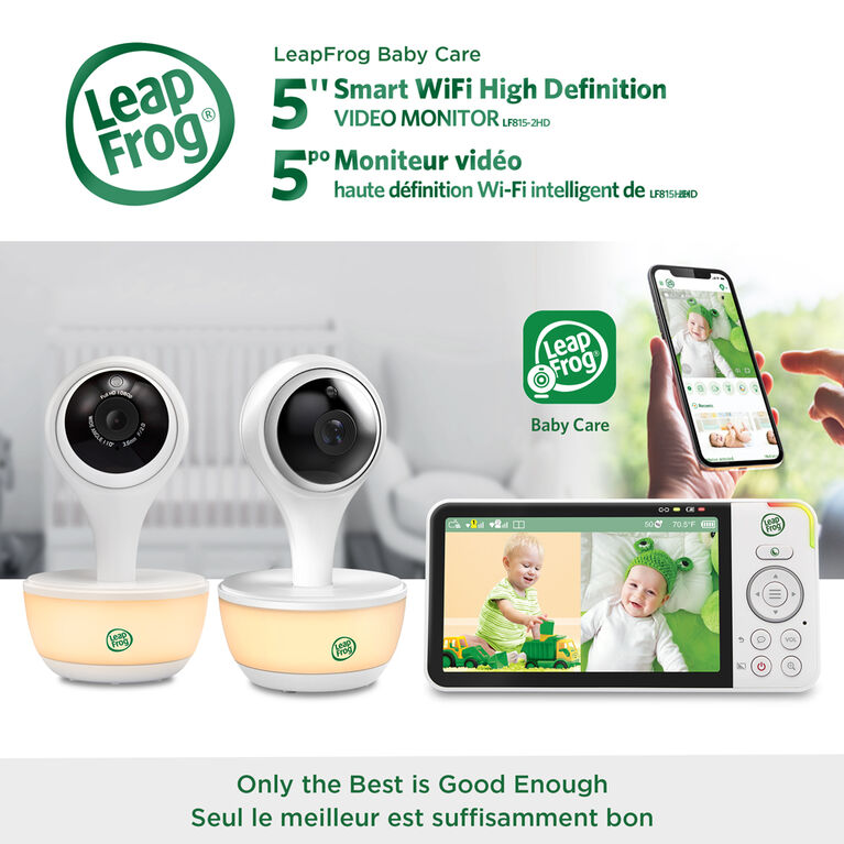 LeapFrog LF815-2HD Moniteur de bébé Wi-Fi 1080p à 2 caméras avec accès à distance, affichage 720p haute définition de 5 po, veilleuse, vision nocturne couleur (Blanc)