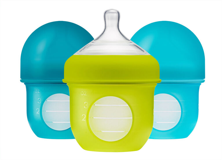 Bouteille de poche en silicone de Boon Nursh 118 ml 3pk bleu et verte.