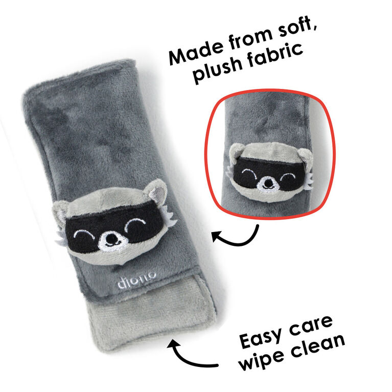 Diono Racoon Character Car Seat Straps & Linkee Toy, Shoulder Pads for Baby, Infant, Toddler, 2 Pack Reversible Soft Seat Belt Cushion and Stroller Harness Covers Helps Prevent Strap irritation