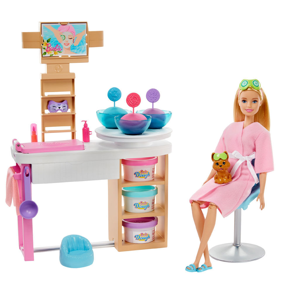 Barbie Face Mask Spa Day Playset Blonde Barbie Doll Puppy Molding Toy Dough