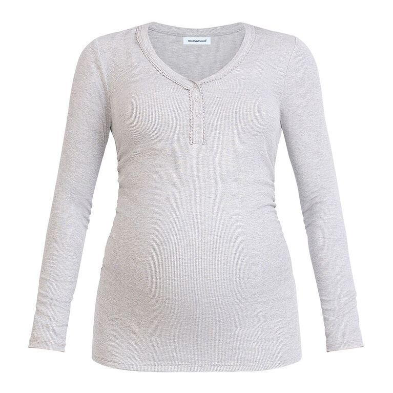 Motherhood - Long Sleeve Snap Henley Nursing Top - Grey Mix - L