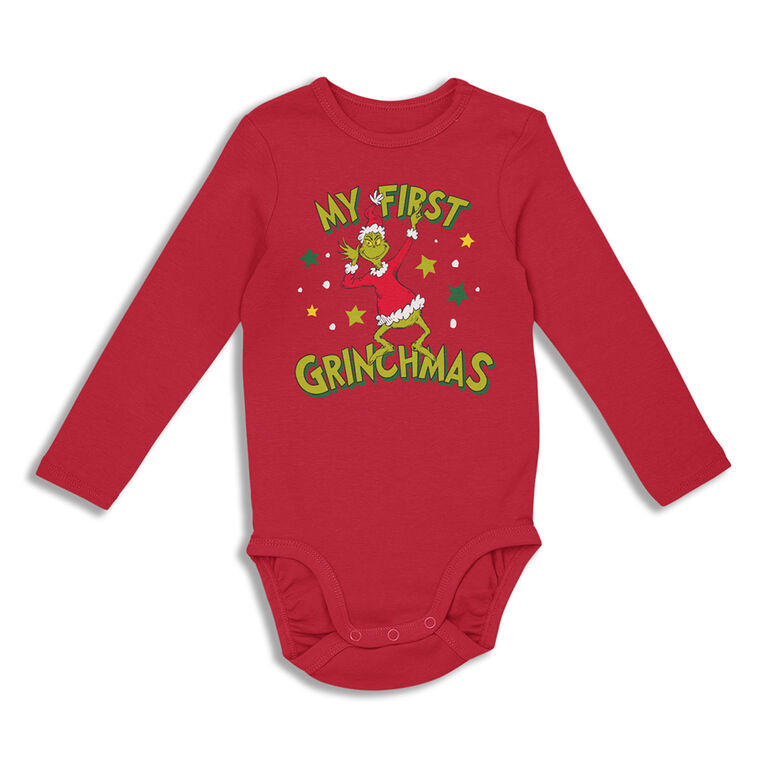 The Grinch Bodysuit, red "my first Grinchmas"
