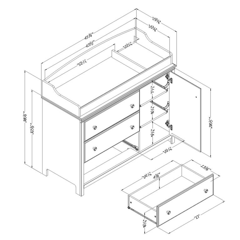 South Shore, Changing table with removable rim, drawers, and open storage - Pure White and Rustic Oak