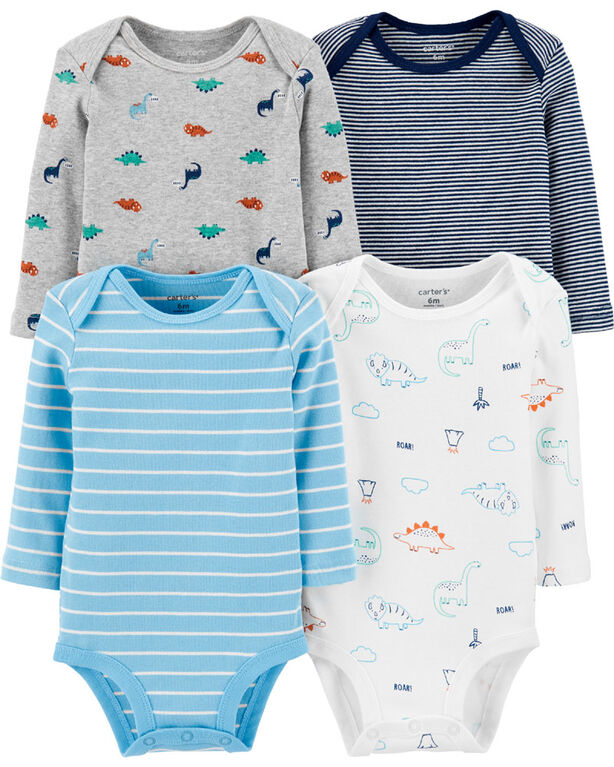 Carter's 4-Pack Dinosaur Original Bodysuits - Blue/Grey/Ivory, 6 Months