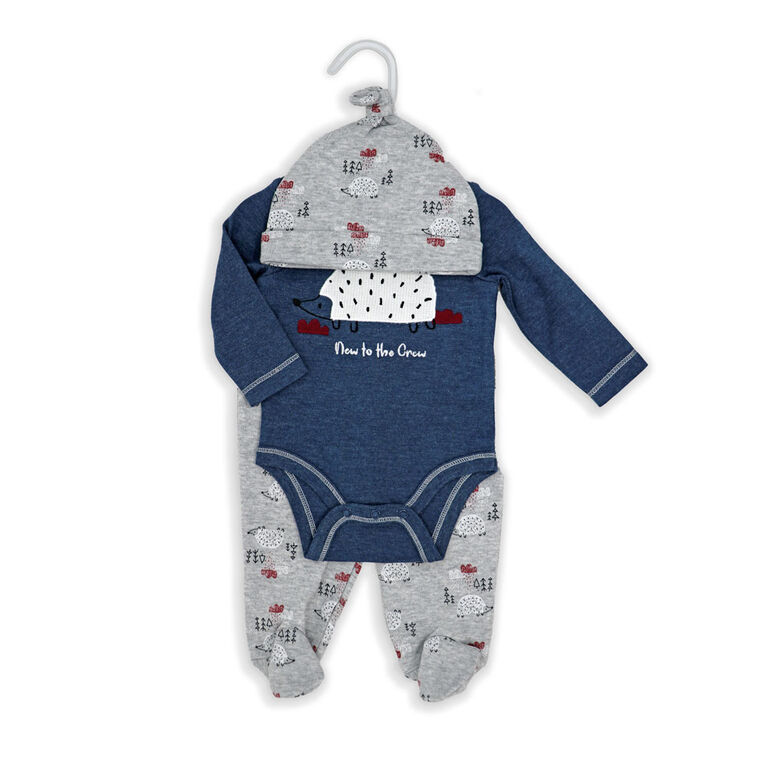 Sterling Baby  3 Piece Footed Set: Blue Hedgehog Newborn